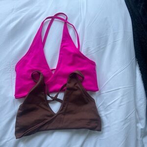 NWOT magenta pink and brown seamless crop bra open back small gym sport